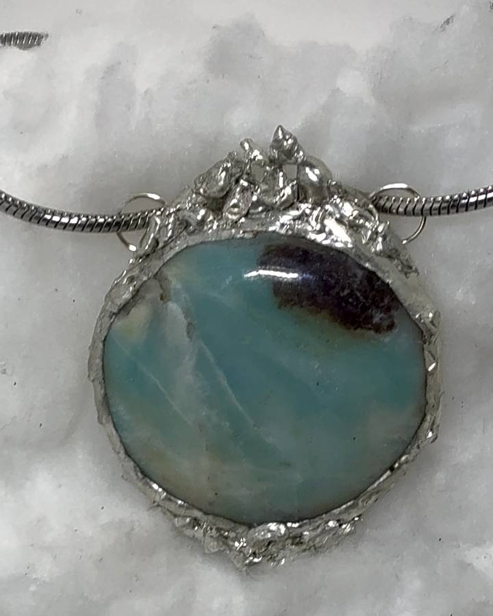 Amazonite pendant in a free-form soldered silver setting by Hermara Creatives