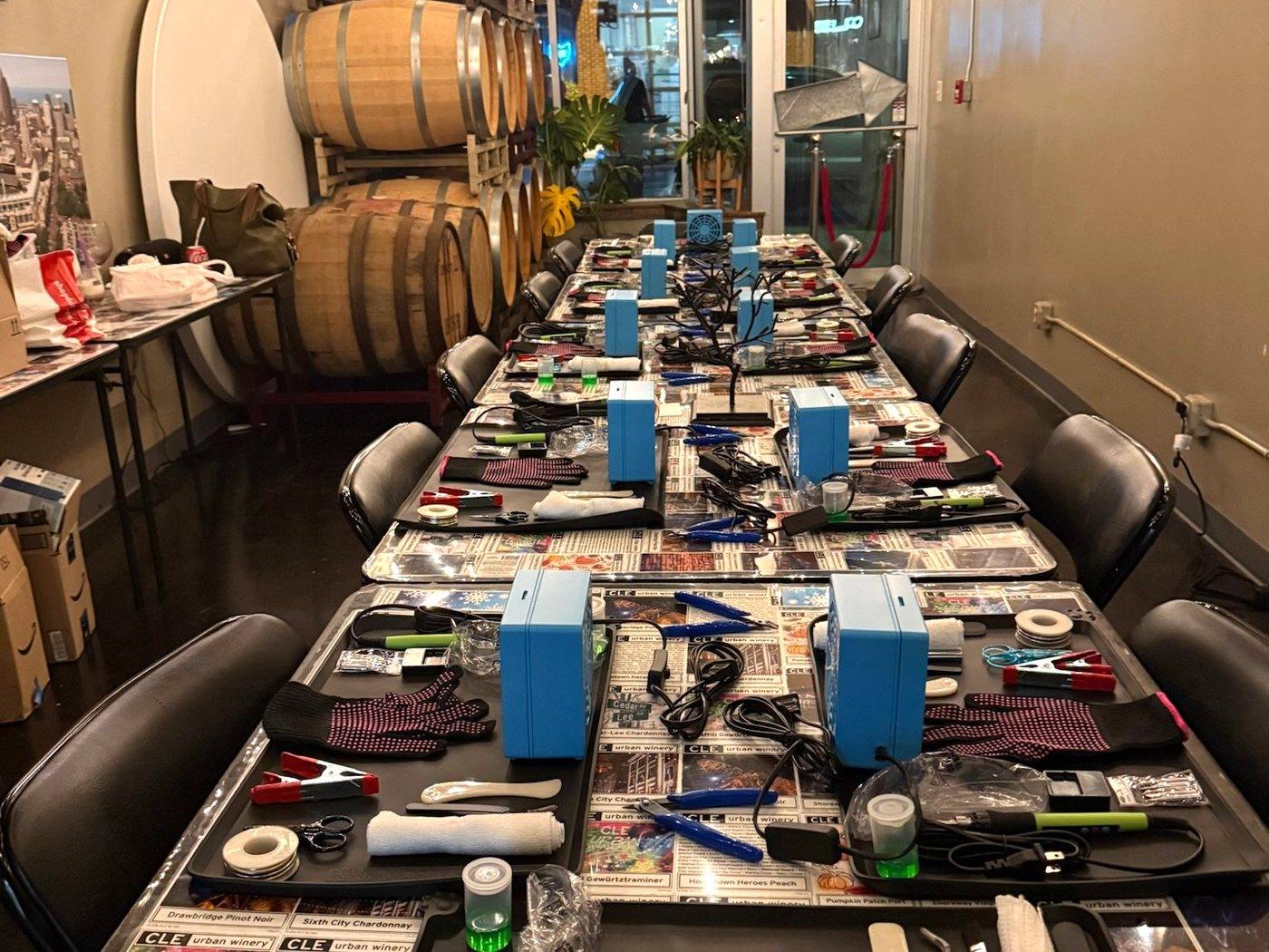 Jewelry workshop tables set up at CLE Urban Winery in Cleveland Heights